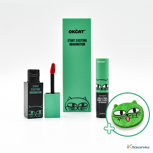 [+Free Pouch] [Color Set 1] [costagram] OKCAT - MILK FACE LIP CAPTURE TINT (#1010 Candy sweet red) + EYE SHADOW + LIP BALM