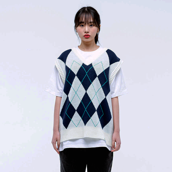 [HAVISM] ARGYLE PATTERN KNIT VEST_IVORY