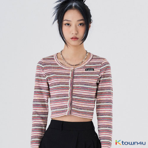 8) U-Neck Stripe Cardigan [Pink]
