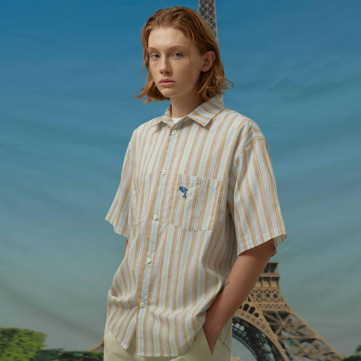 Dolphin Embroidery Stripe Short Sleeve Shirts [Beige]