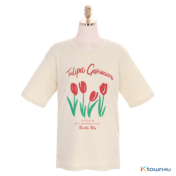 ts1651 Tulip Lettering Print T-Shirt_Beige(Free)