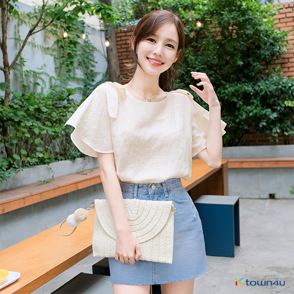 2) Ribbon Accent Short Sleeve Blouse [LightBeige][Free]