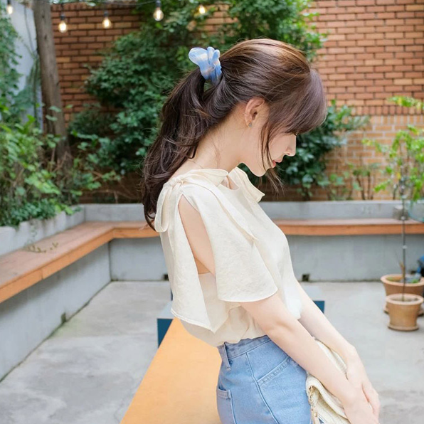 2) Ribbon Accent Short Sleeve Blouse [LightBeige][Free]