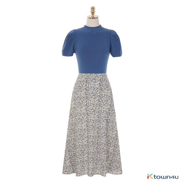 10. Puff Sleeve Blue Knit Top and Patterned Skirt Set [Blue][Free]