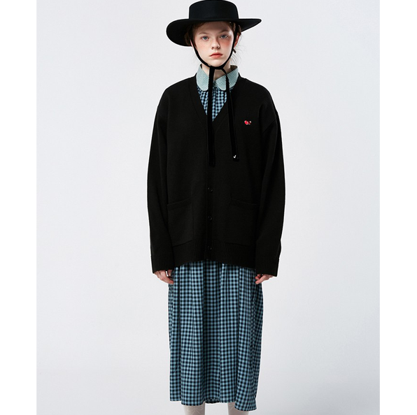 Small Cherry V Neck Knit Cardigan KS [Black] - ktown4u.com