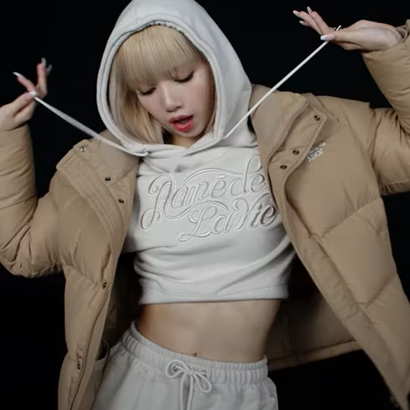 (LISA Random 1 Out of 5 Gifts) Curly Logo Emboss Embroidery Crop Top Hoodie [Beige]