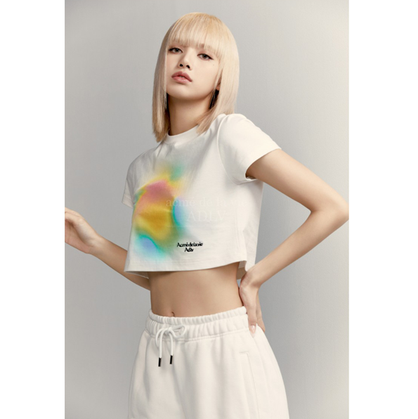 (LISA Random 1 Out of 5 Gifts) Rainbow Gradation Artwork Crop Top Short Sleeve T-Shirt [Cream]