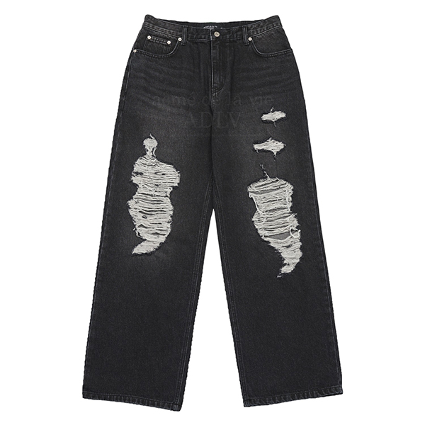 ktown4u.com : Damage Washing Wide Denim Pants [Black]