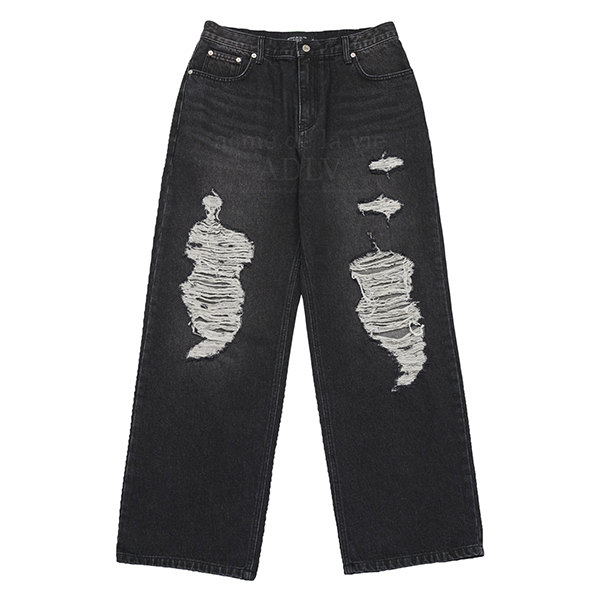 Damage Washing Wide Denim Pants [Black]