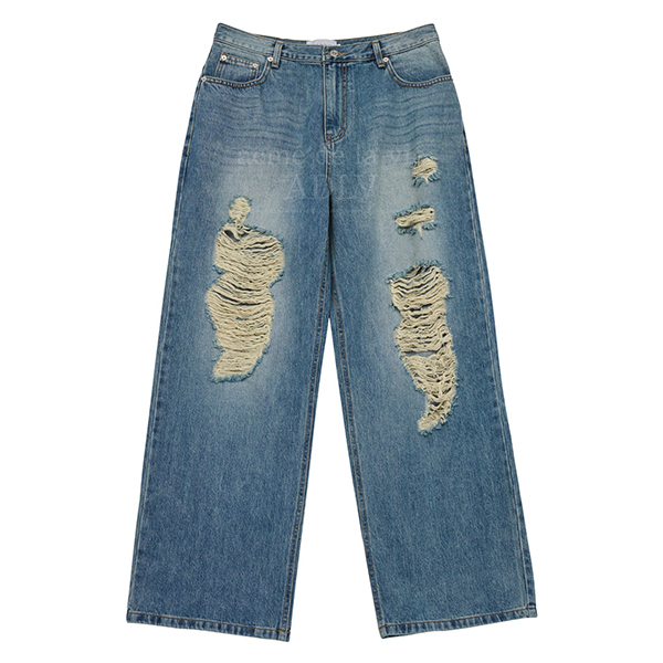  Damage Washing Wide Denim Pants [Blue]