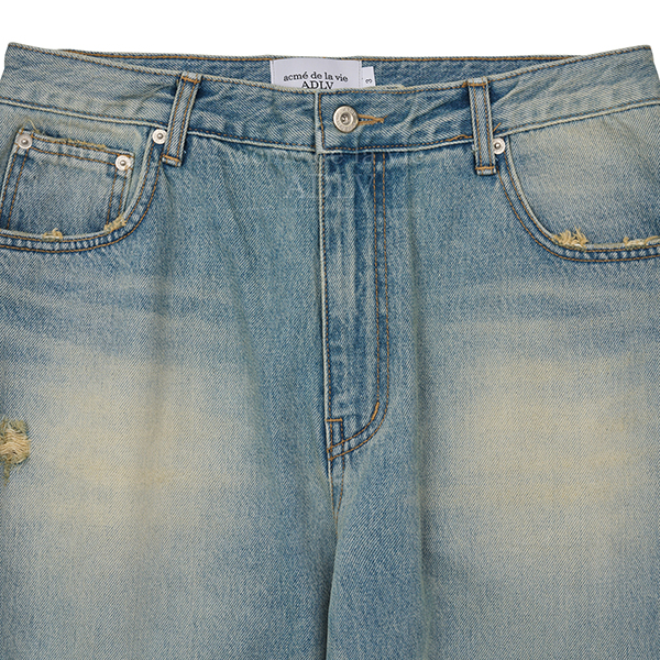  Yellow Brush Washing Wide Denim Pants Blue [Blue]