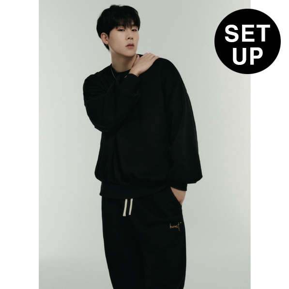 (JOOHEONY 2Gifts) Honest Logo Balloon Crewneck Pants Set-up [Black]